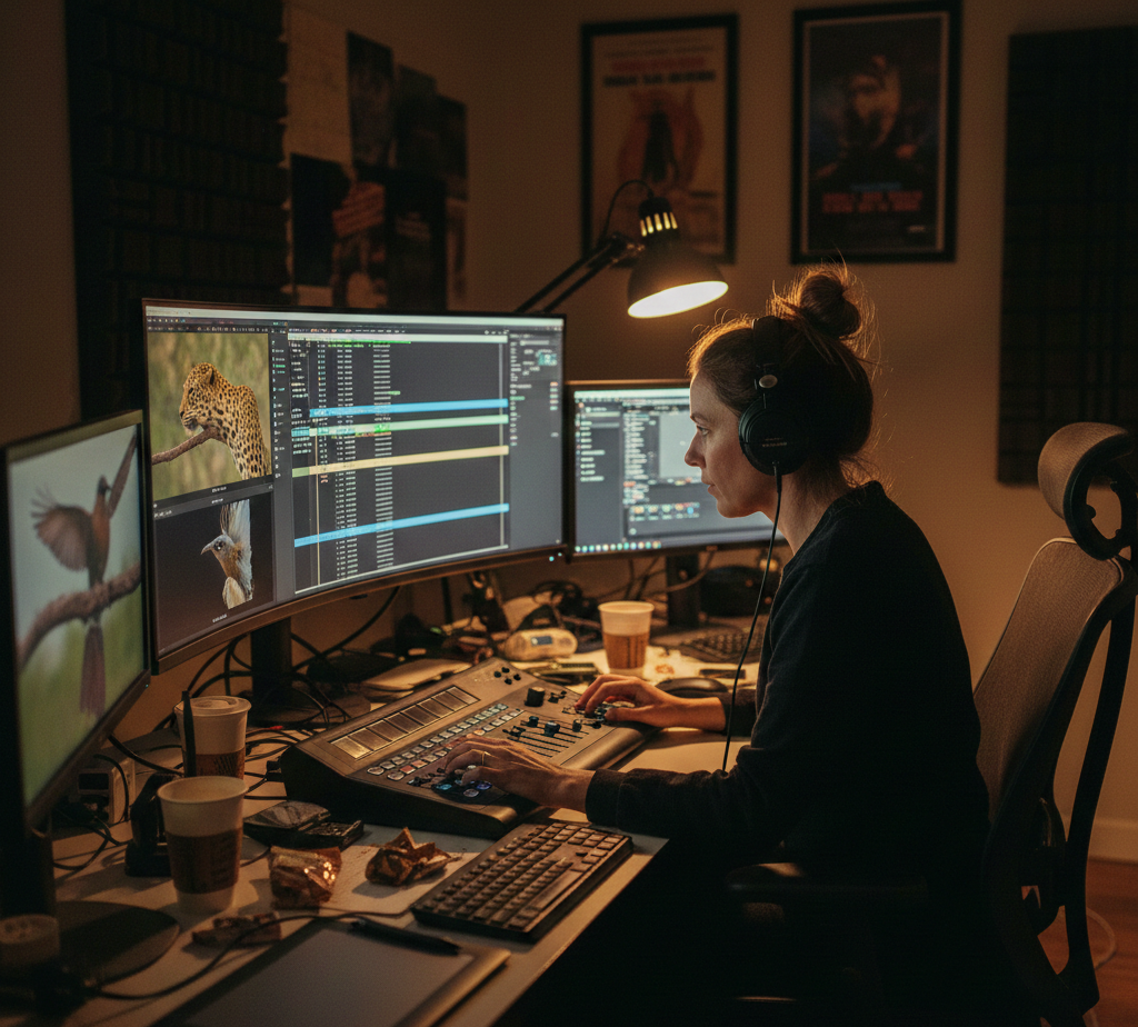 Professional video editing suite with multiple monitors